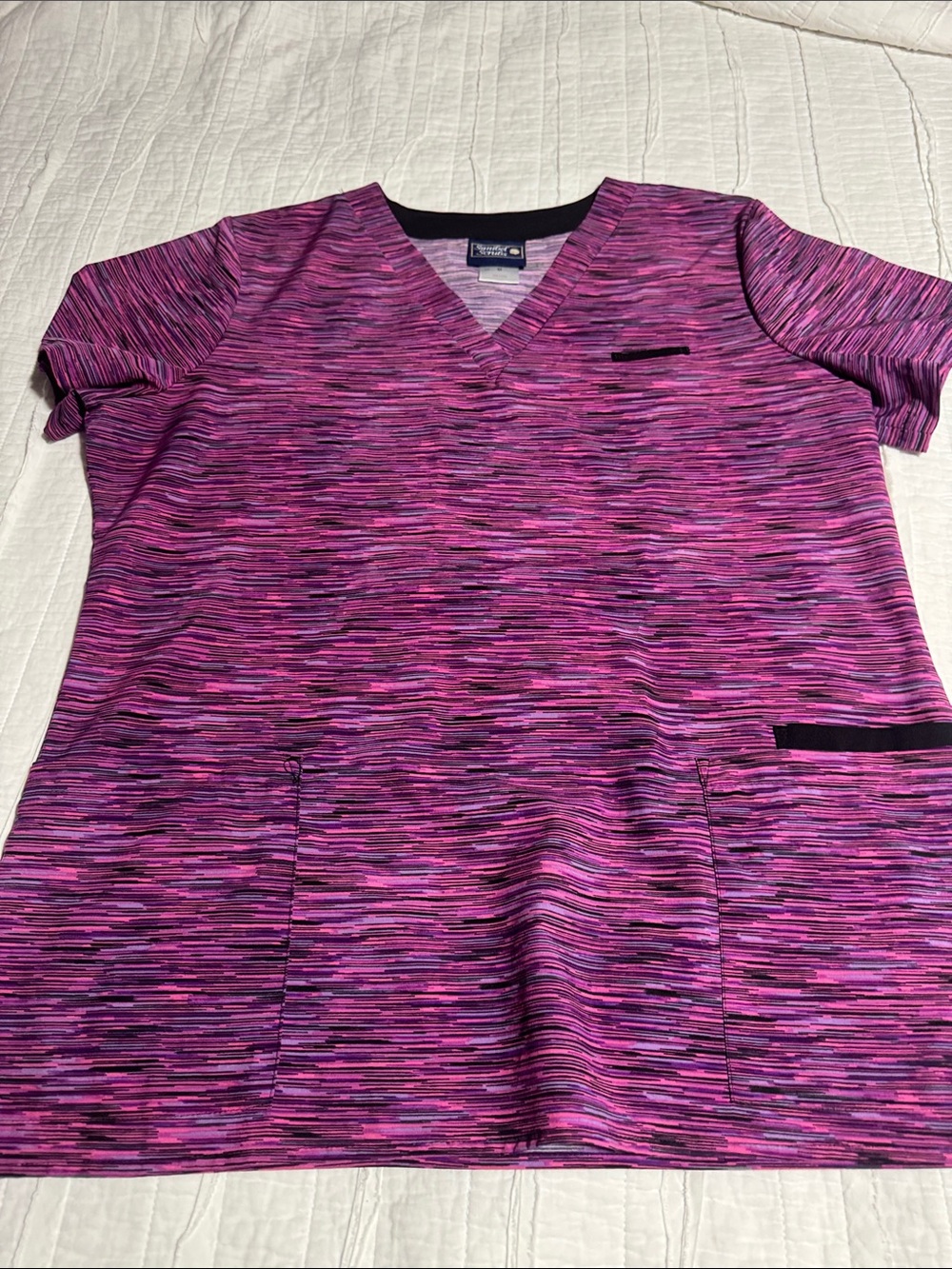 Marbled Pink V-Neck Medical Scrub Top with Patch Pockets